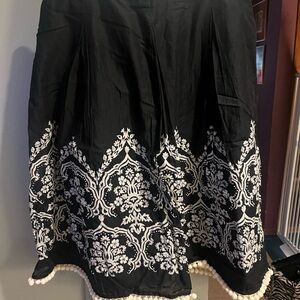 LOFT Black Midi Skirt with White Embroidered Border
